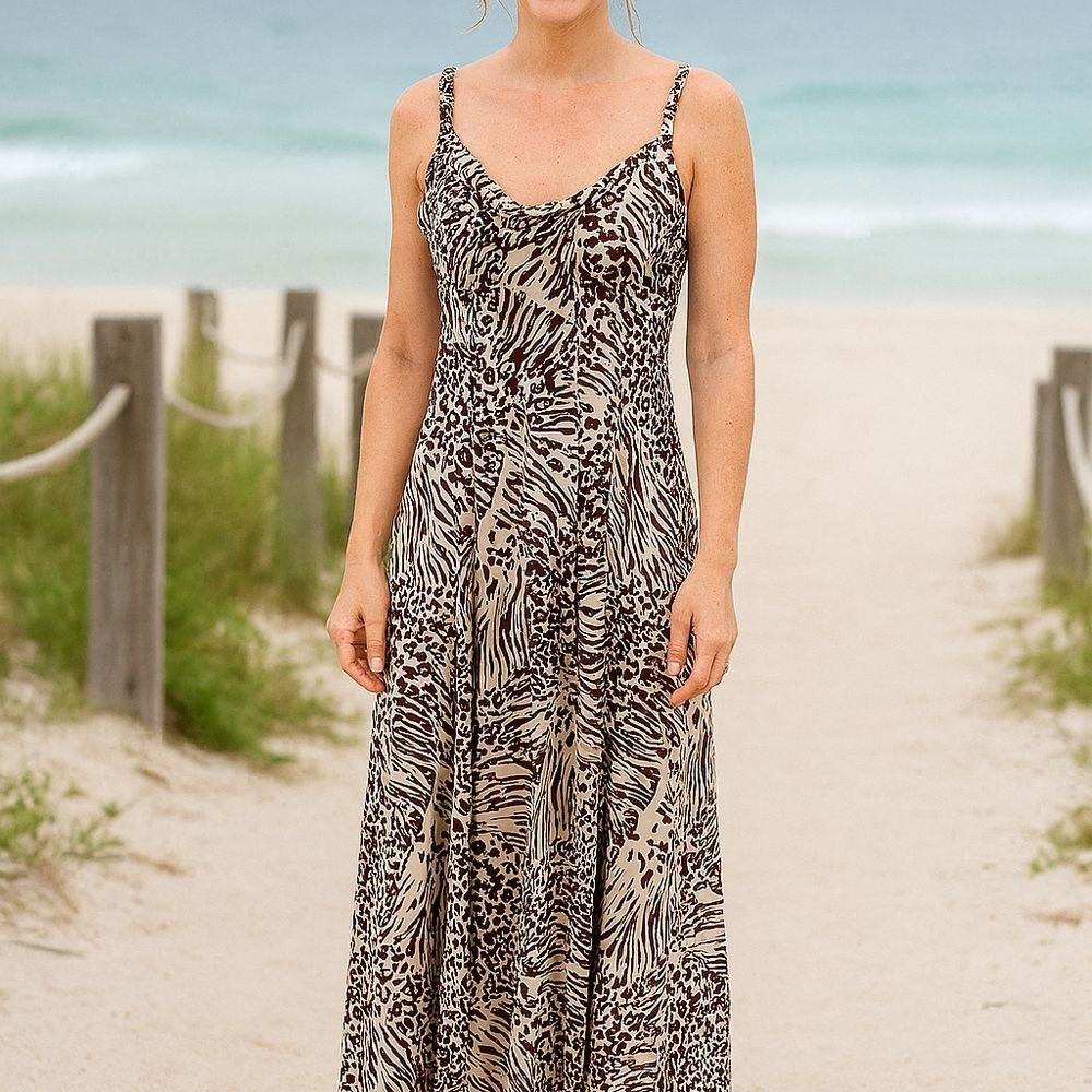 Leopard Print Midi Dress 8 Stretch Beaded Brown Cream Mobwife Peggy Bundy